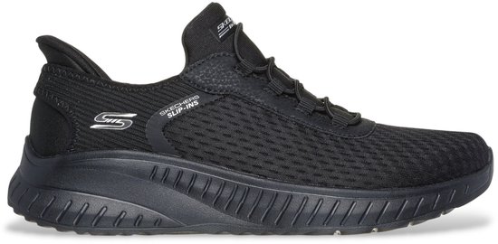 Zwarte Skechers Slip-ins sneaker met mesh, elastische veters en een S logo. Lus aan de hiel.