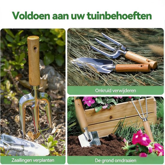 Gloovon® Tuingereedschap Set 9-delig - RVS Handgereedschap - Ergonomische Houten Handgrepen & Snoeischaar - Met Opbergtas van Merkloos	 — afbeelding 2