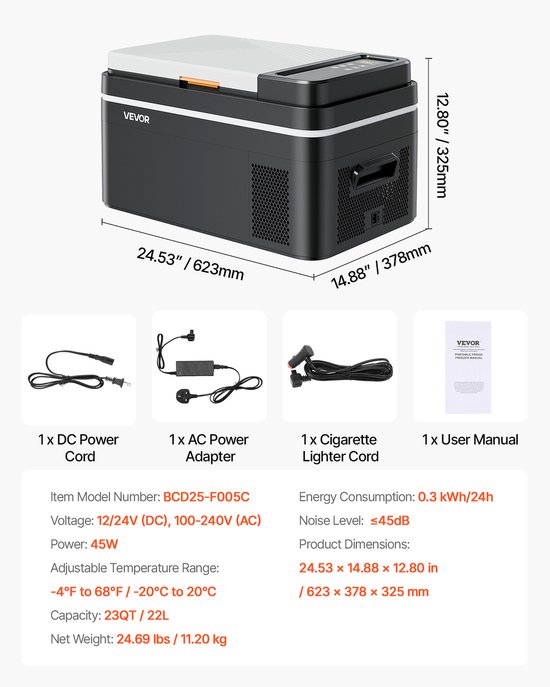 VEVOR Compressor Koelbox 22 L, 12/24v Dc Elektrische Vriezer Met App-Bediening, 100–240v Ac Autokoelkast voor Kamperen, Reizen, Vrachtwagens, Vissen, 45w Thermo-Elektrische Draagbare Koelbox van Vevor — afbeelding 3