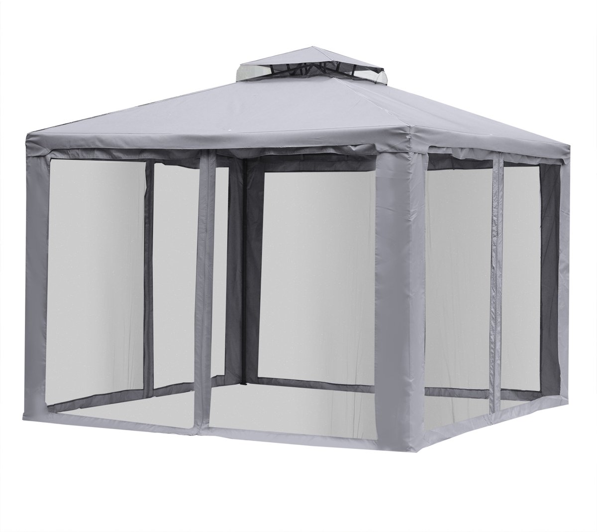 Killogood Tuinhuis met dubbel dak - ca. 3x3 m waterdicht stabiel winterbestendig tuinhuis met klamboe - zijpanelen - metalen tuinhuis - voor tuin - terras - lichtgrijs