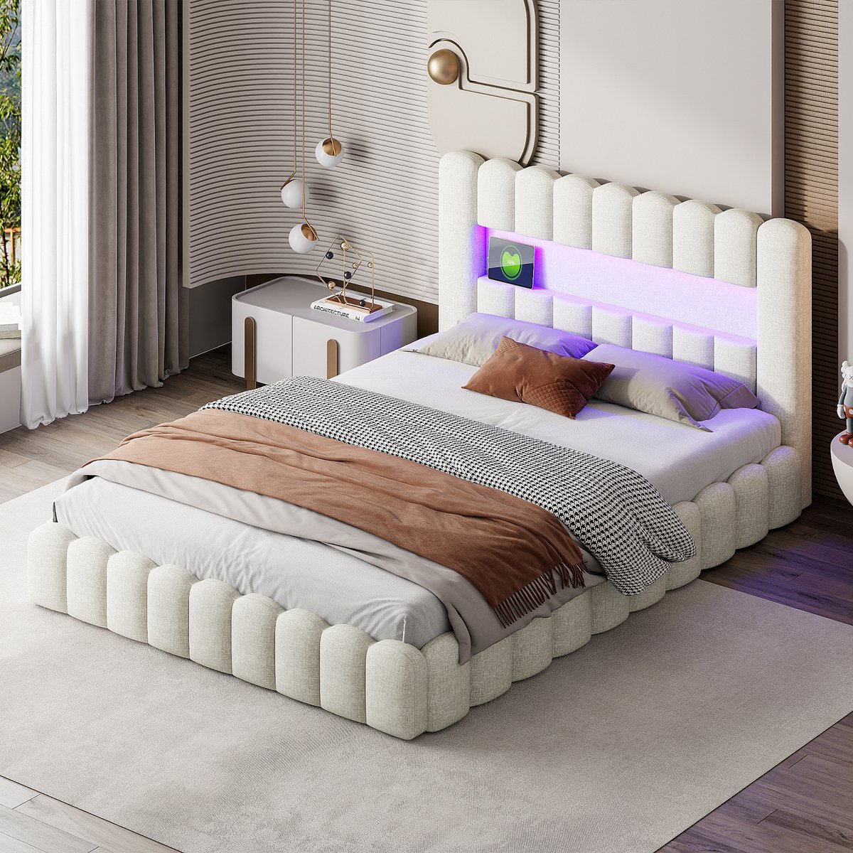 Gestoffeerd bed 160x200cm met LED-verlichting, USB-poort en opbergruimte. Hydraulische stang, gewatteerd hoofdbord, beige linnen stof, ingebouwd matrasontwerp, exclusief matras