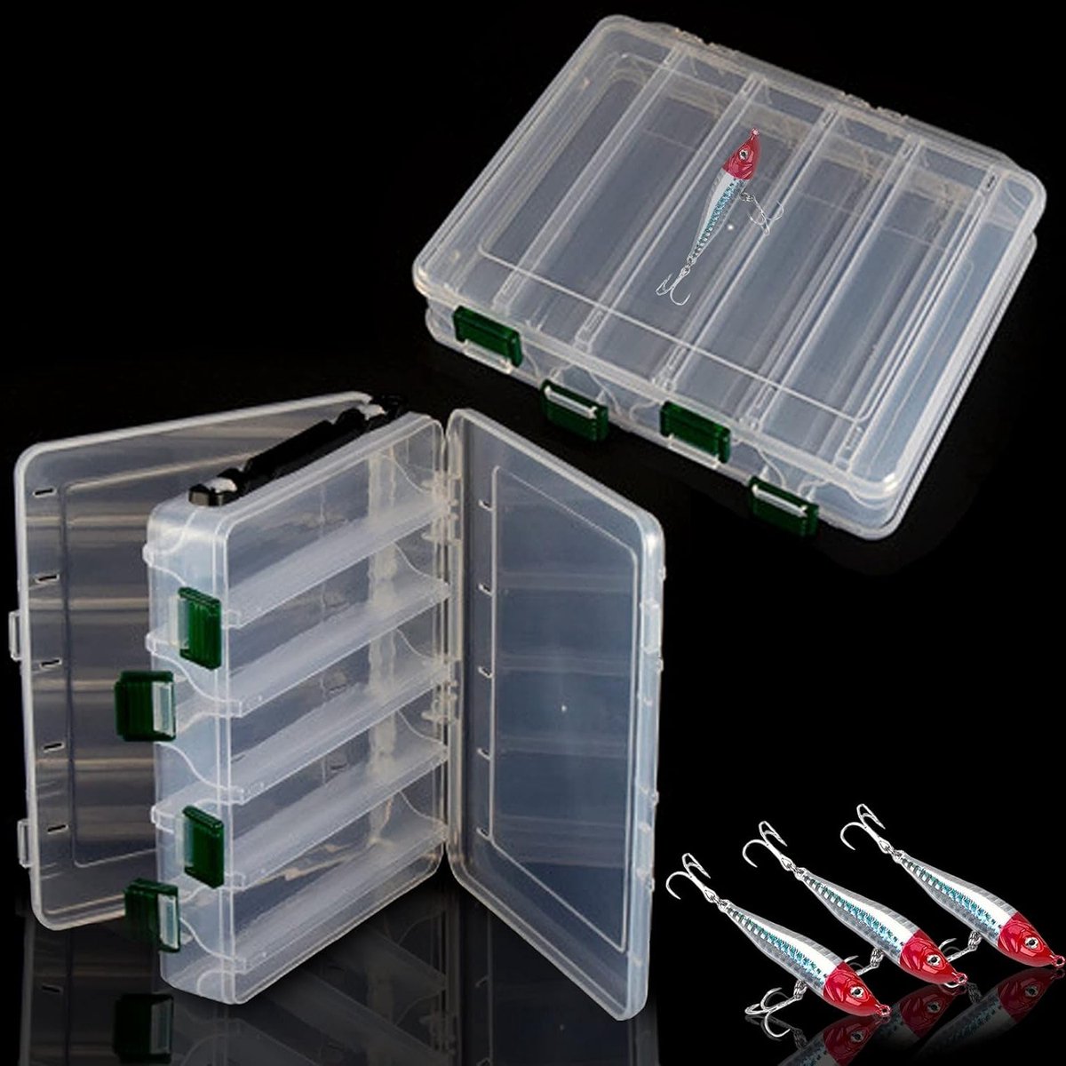 Set van 2 Dubbelzijdige Waterdichte Opbergdozen voor Visspullen met Gaten voor Afvoer - 20 x 17 x 4.5 cm, Transparant en Praktisch voor Aas en Accessoires