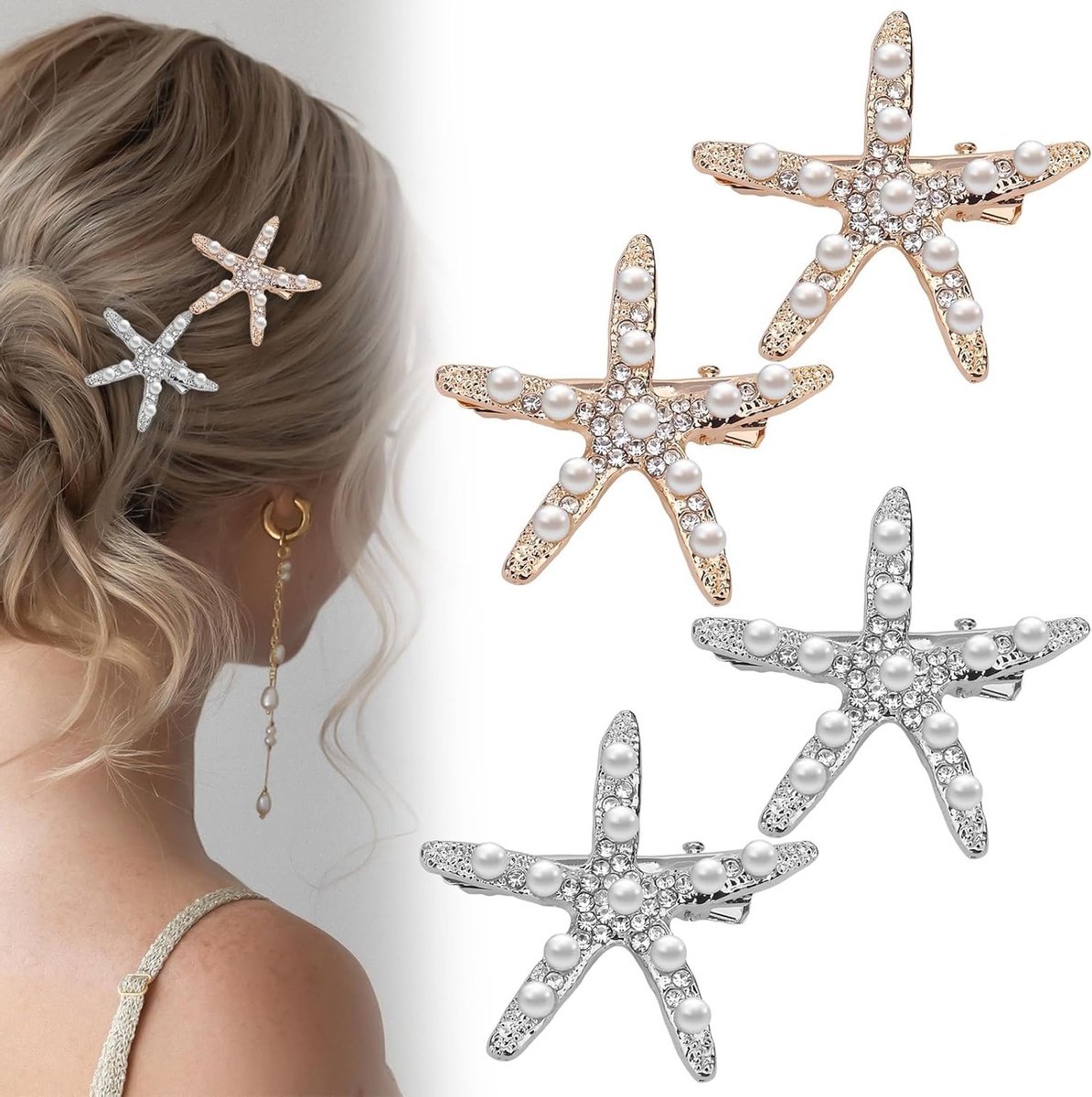 Set van 4 Sterrenvis Haarspeldjes, Haaraccessoires met Kristallen en Parels, Bruids Haaraccessoires met Strass voor Vrouwen en Meisjes (2 Goud, 2 Zilver)