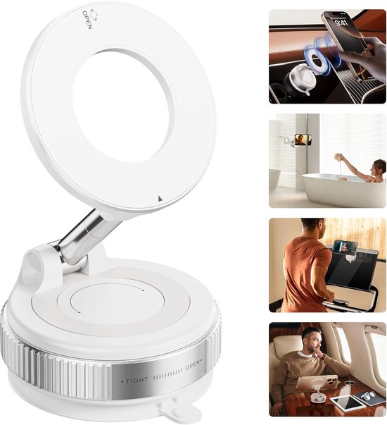 Support de téléphone blanc et réglable en hauteur avec une grande base circulaire dotée d'un mécanisme de rotation. Le support est utilisé dans quatre endroits différents : dans une voiture, dans une salle de bain, à côté d'un ordinateur portable et dans un avion.
