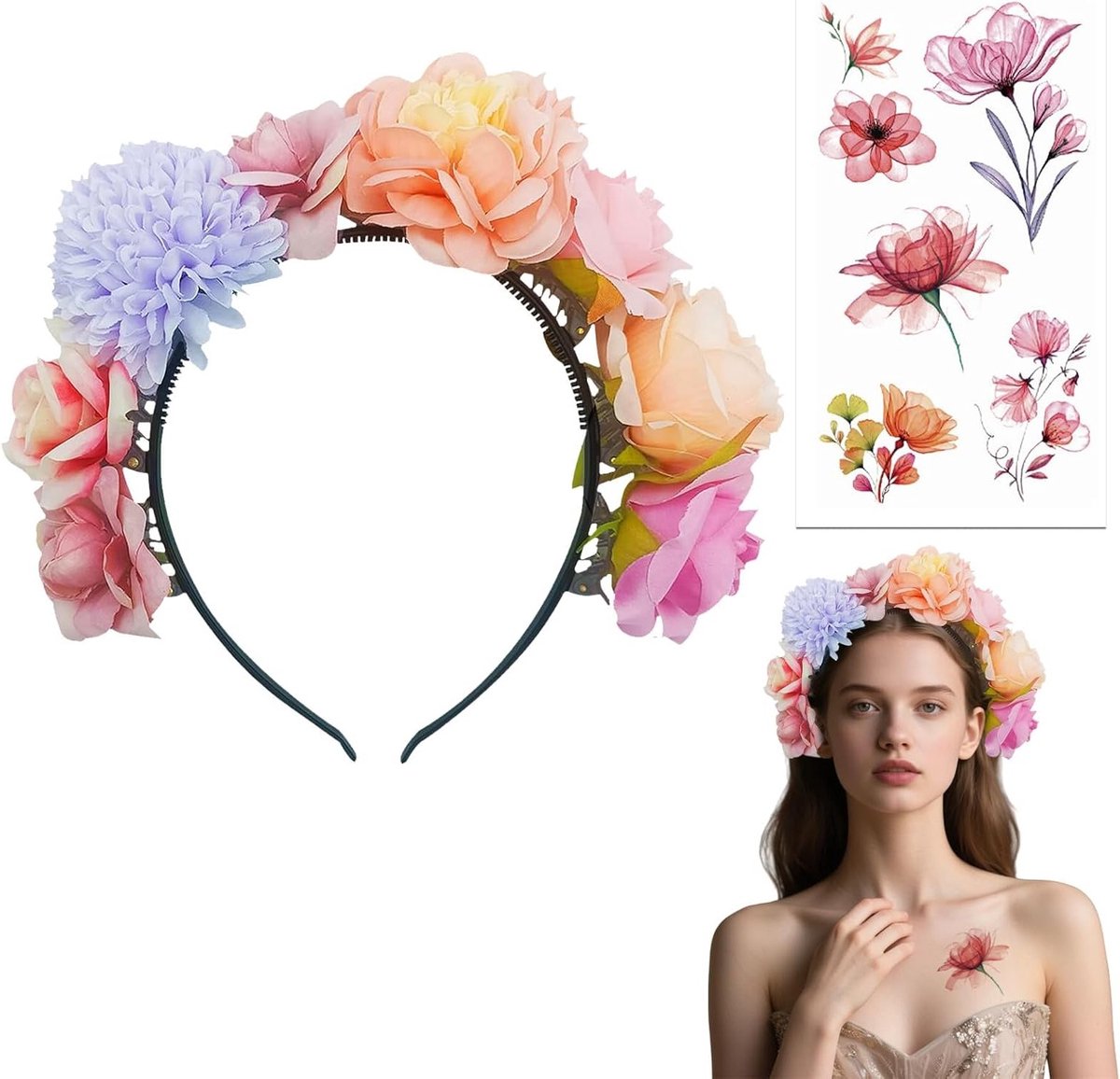 Bloemige Haaraccessoire - 2-delige Bloemenkroon en Hoofdband voor Bruiloft, Carnaval en Feestdecoratie
