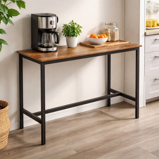 Hoge bartafel met roestbruin houten blad en zwart metalen frame, in een keukenopstelling met koffiezetapparaat en fruit.