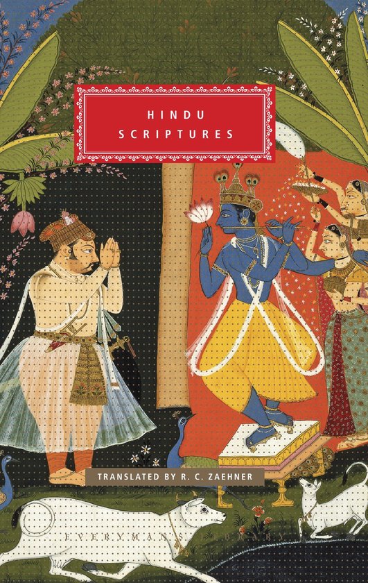 Boekomslag van Hindu Scriptures met traditionele schildering van Krishna, een aanbidder, pauwen en een witte koe.