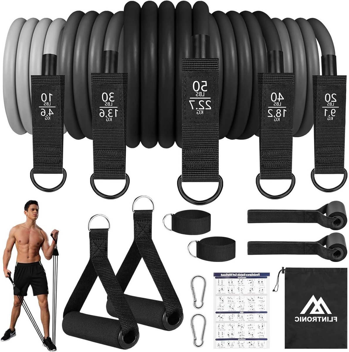 Set van Weerstandsbanden met 5 Fitness Tubes, Schuim Handvatten, Enkelbanden en Deurankers voor Krachttraining, Fitness en Yoga (Grijs)