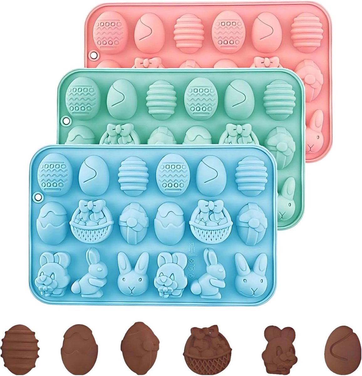 Siliconen bakvormen voor Pasen - 3-delige set - Vormen voor chocolade-paaseieren en paashazen - Siliconenvormen voor chocolade, fondant en ijsblokjes - BPA-vrij - Zachte pasteltinten