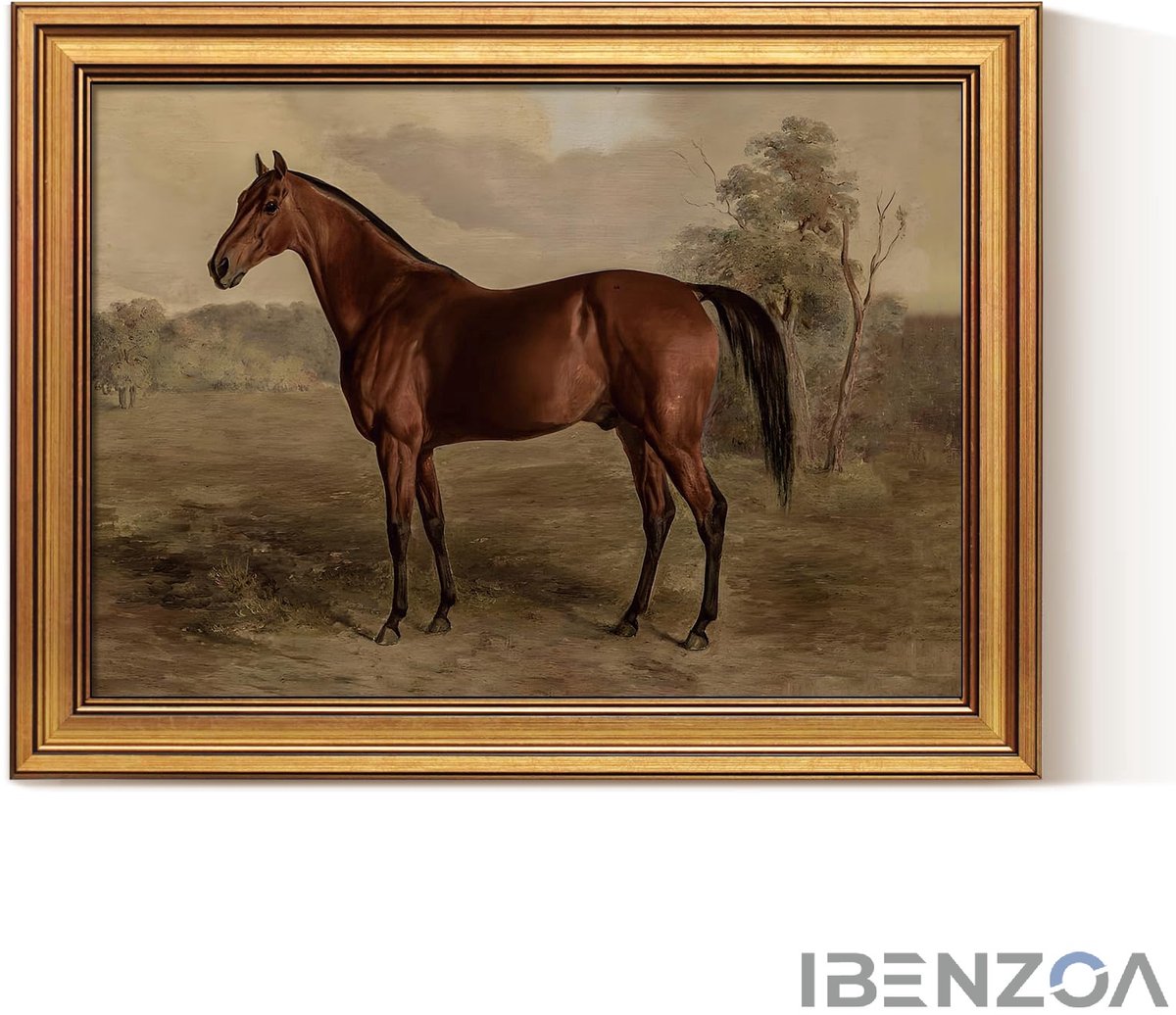 Canvas Wanddecoratie - Vintage Paardenschilderij - 40x30 cm - Ingelijst - Kunstdruk