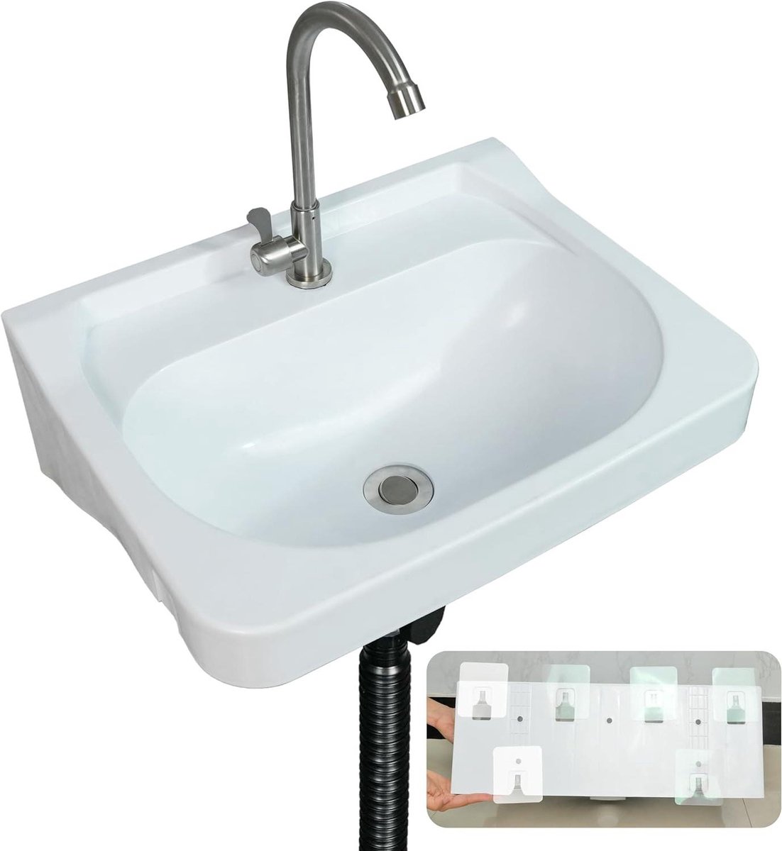 Wandbassin Kunststof - Mini Wastafel - Ruimte Besparen - Installatie Zonder Boren - 50x39x18 cm - Wit