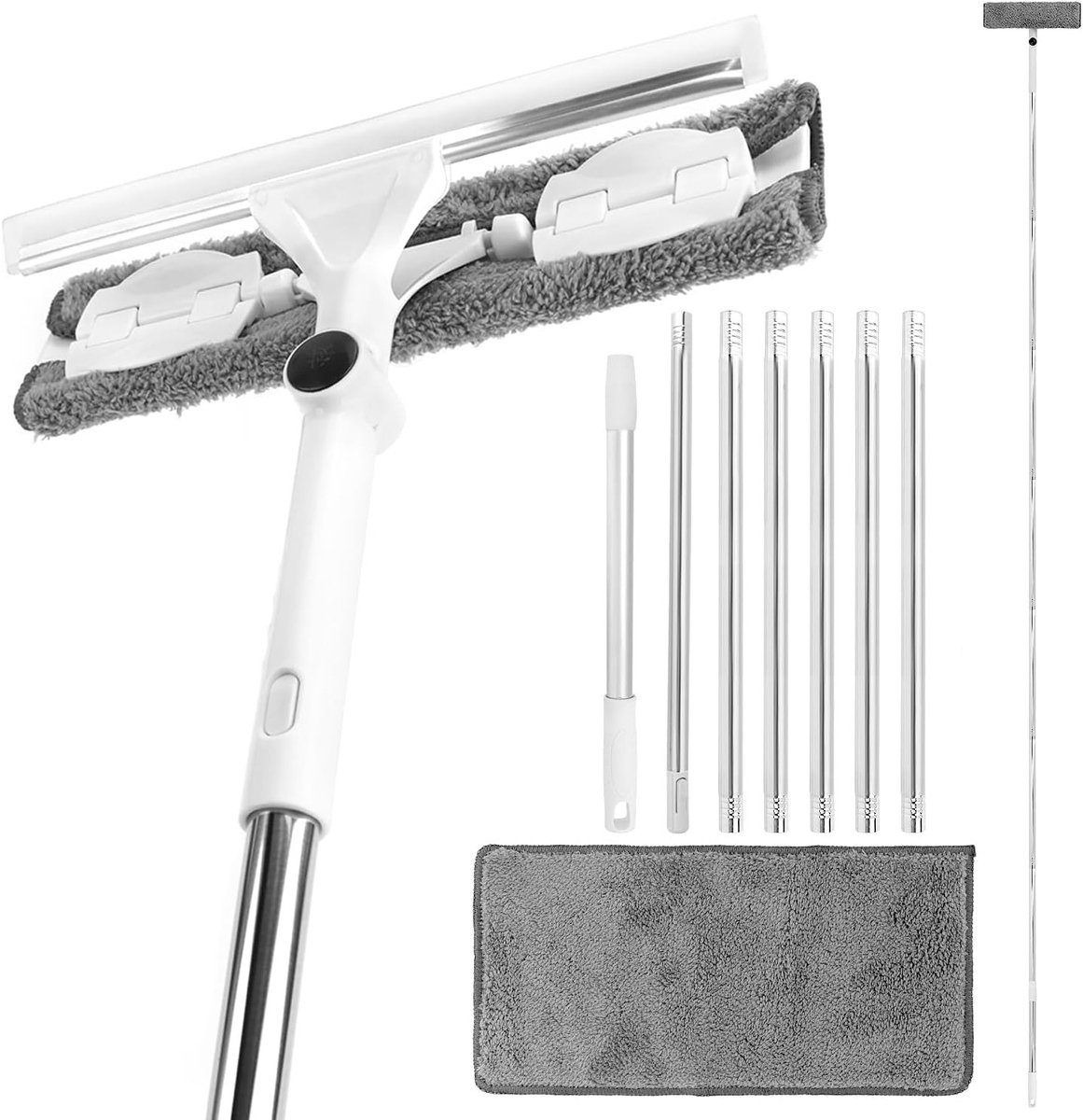 Telescopische Ruitenwisser Trekker Set 3.7 m, 2-in-1 Raamreiniger met 180° Rotatie voor Binnen- en Buitengebruik, Inclusief Vervangende Microvezeldoek voor Optimale Schoonmaakresultaten
