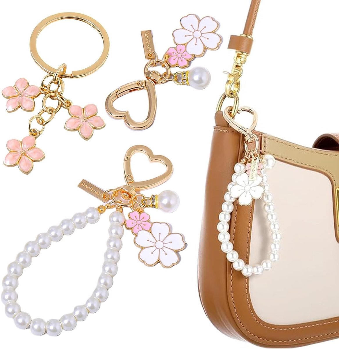 Floral sleutelhanger set van 3 voor vrouwen - Sleutelhanger voor auto, tas en pols, trendy accessoire