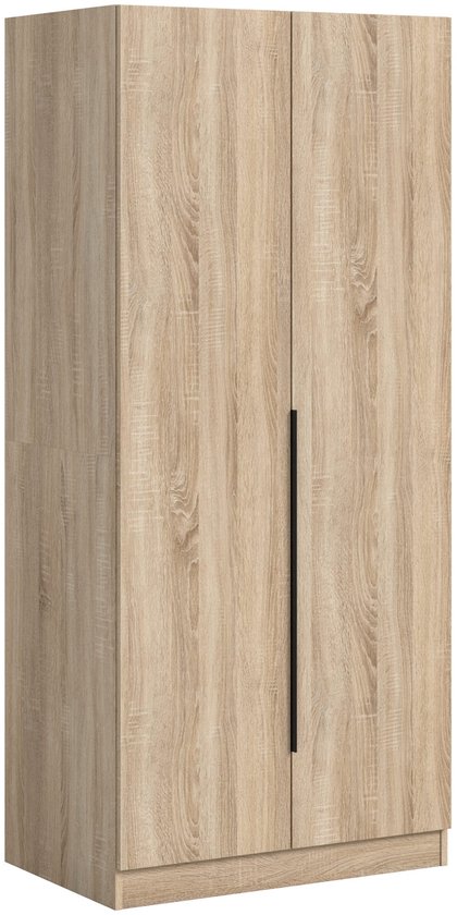 Houten kledingkast met twee deuren en een zwarte handgreep, van de zijkant gezien.