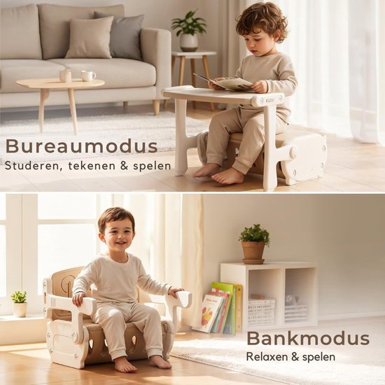 Beige kinderbureau en bankje, te gebruiken als bureau met stoel voor studeren, tekenen en spelen, of als bank voor relaxen.
