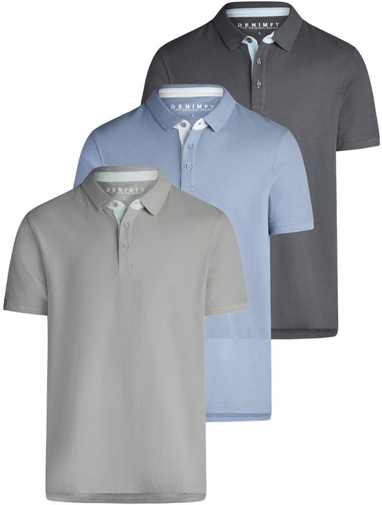 Drie polo's: grijs, lichtblauw en donkergrijs, met korte mouwen.