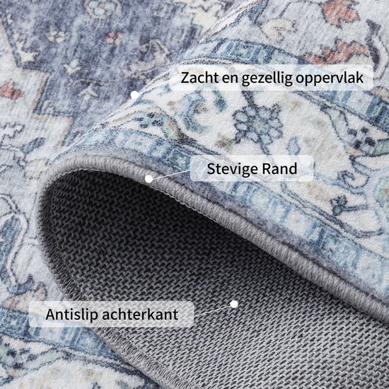 Grijsblauw kleed met zacht oppervlak, stevige rand en antislip achterkant.