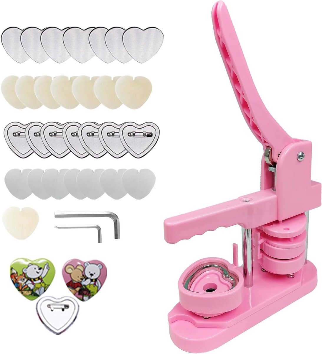 DIY Button Maker Machine voor Hartvormige Pins - Badge Pers Kit met 100 Onderdelen voor Creatieve Cadeaus en Handgemaakte Pins, Roze
