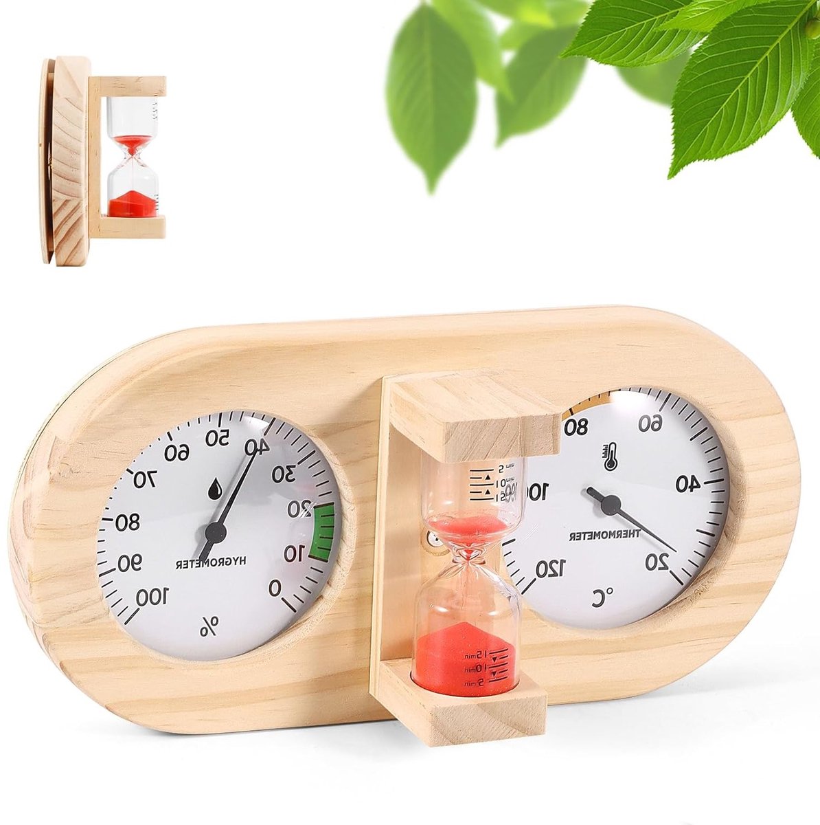 2-in-1 Sauna Thermometer en Hygrometer voor Nauwkeurige Temperatuur- en Vochtmeting in Houten Sauna en Stoomcabine met Rode Zandloper Design