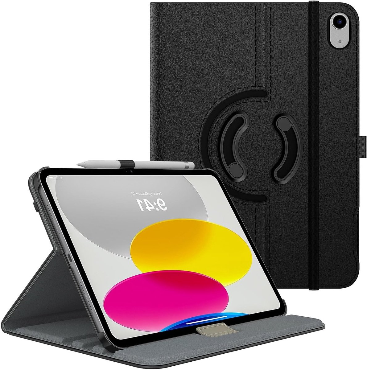 Rotating Hoes voor iPad 10e Generatie 2022, 10,9 Inch Beschermhoes met Slimme Stand en Stylus Loop - Zwart