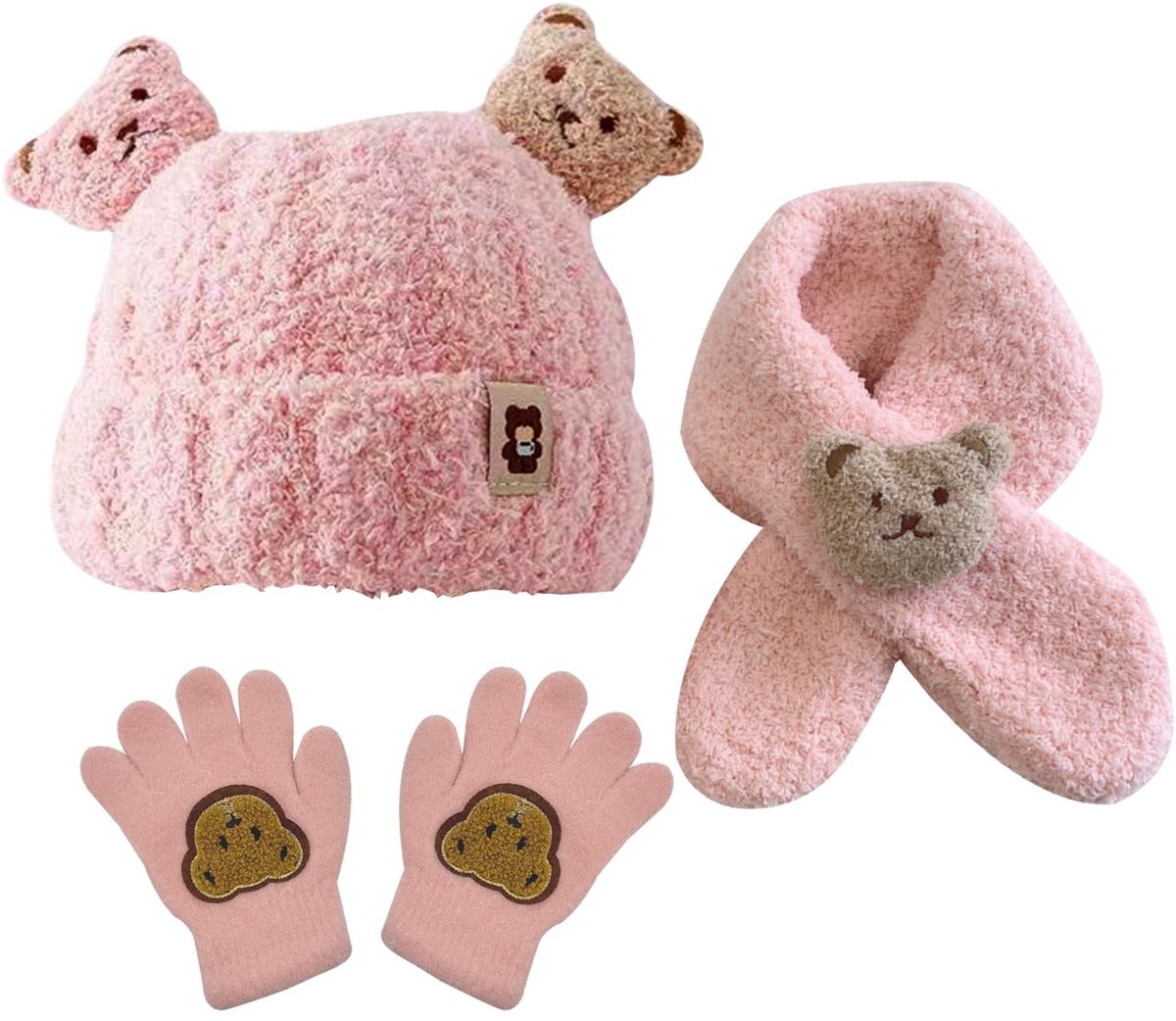 Allecto - Warm Hoed Sjaal Handschoenen Set - 3-in-1 - Roze - Kinderen - Beerpatroon - Ideaal voor winter - Perfect voor buiten