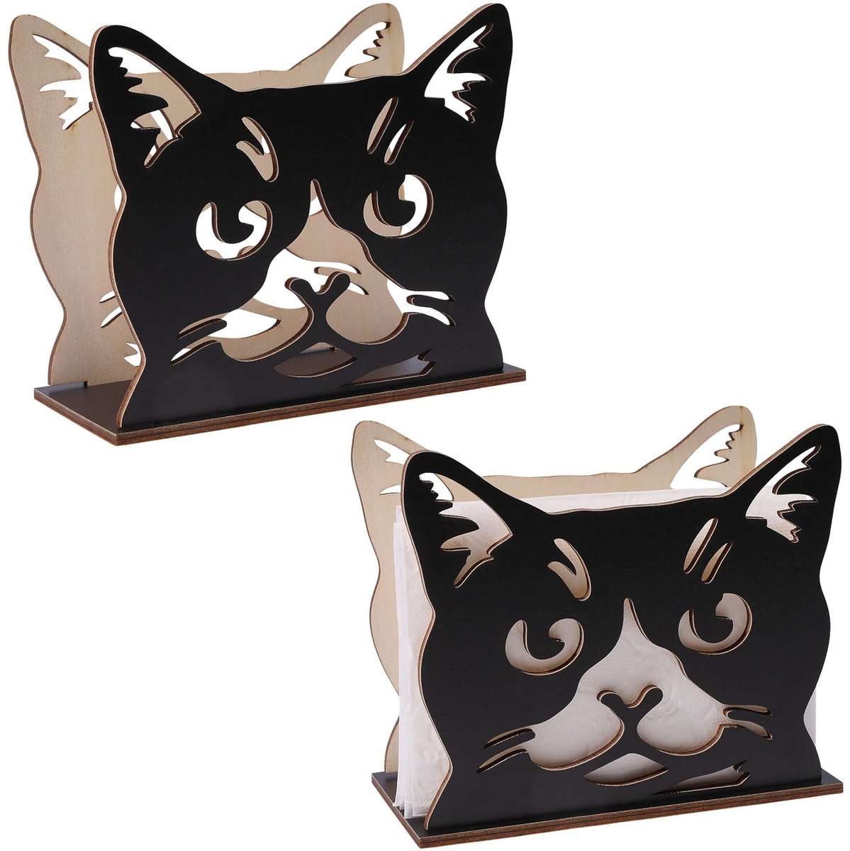 Allecto - Houten Kat Napkin Holder - Modern Tafeldecoratie - 2 Stuks - Keuken en Eetkamer - Unieke design - Handgemaakt - Functioneel - Decoratief