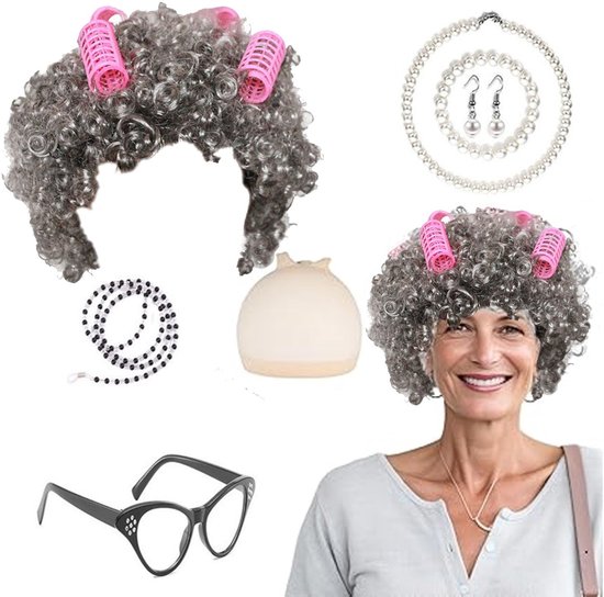 Allecto - Set van 7 oude vrouwenkostuums - Oma cosplay accessoires - Inclusief pruik en bril - Roze - Voor Halloween en kostuumfeest - Perfect voor...