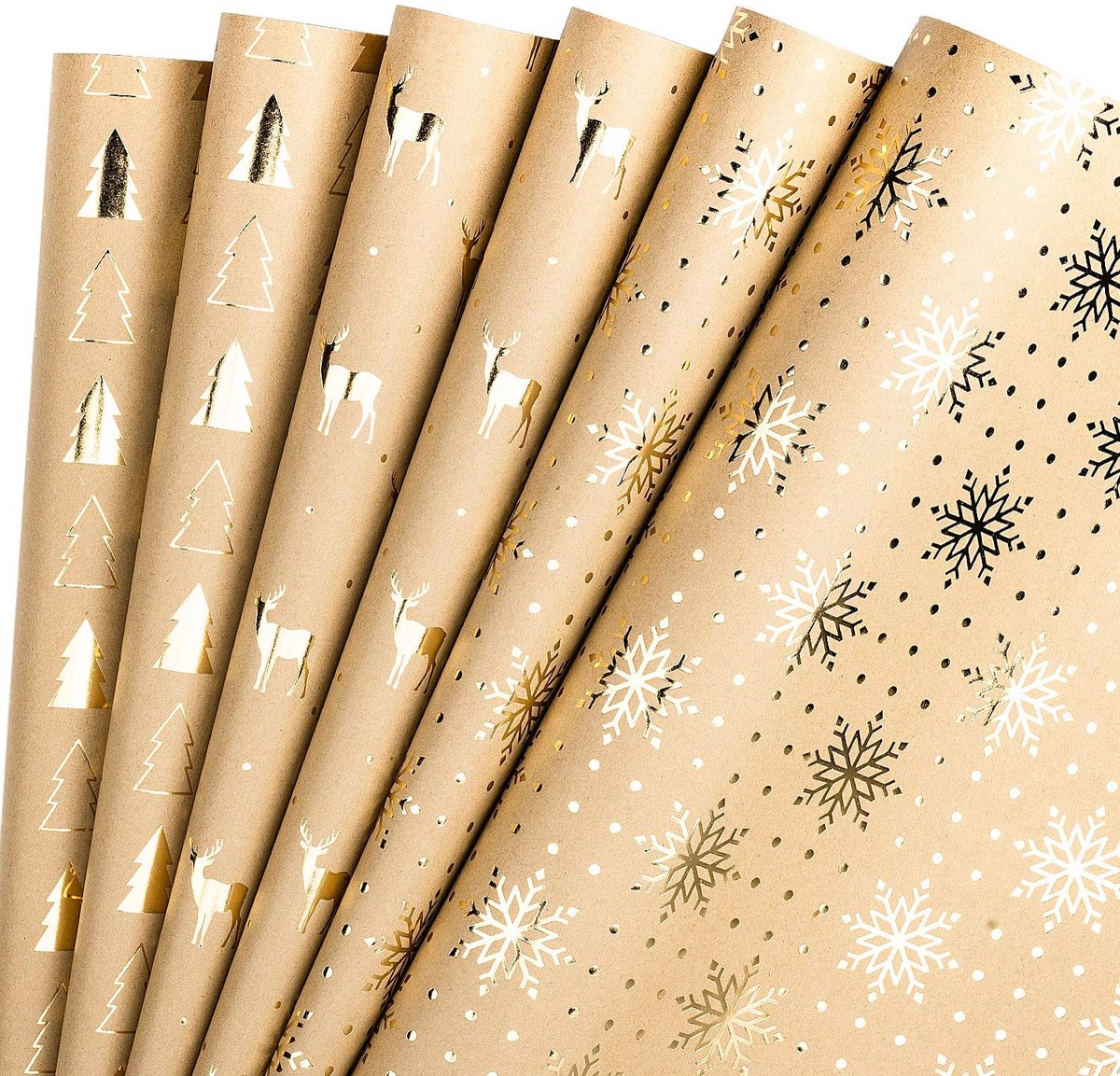 Allecto - Kraft-inpakpapier - Kerstboom en rendier designs - Goudfolie - 44,5 cm x 76 cm - Cadeaupapier - Perfect voor feestdagen - 6 vellen
