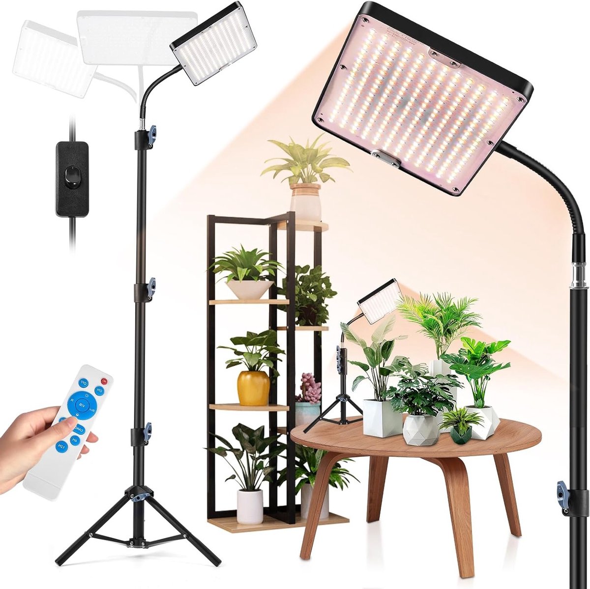 Volledig spectrum led-plantenlamp met instelbare standaard, timer en 9 helderheidsniveaus