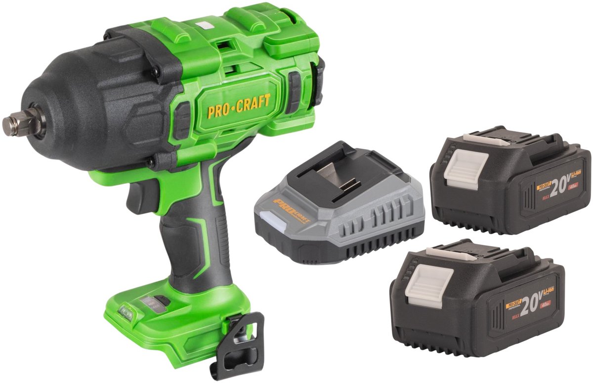 Procraft PWA80bb accu-slagmoersleutel 20 V 1600 Nm 1/2" borstelloos + 2x accu 4,0 Ah + oplader