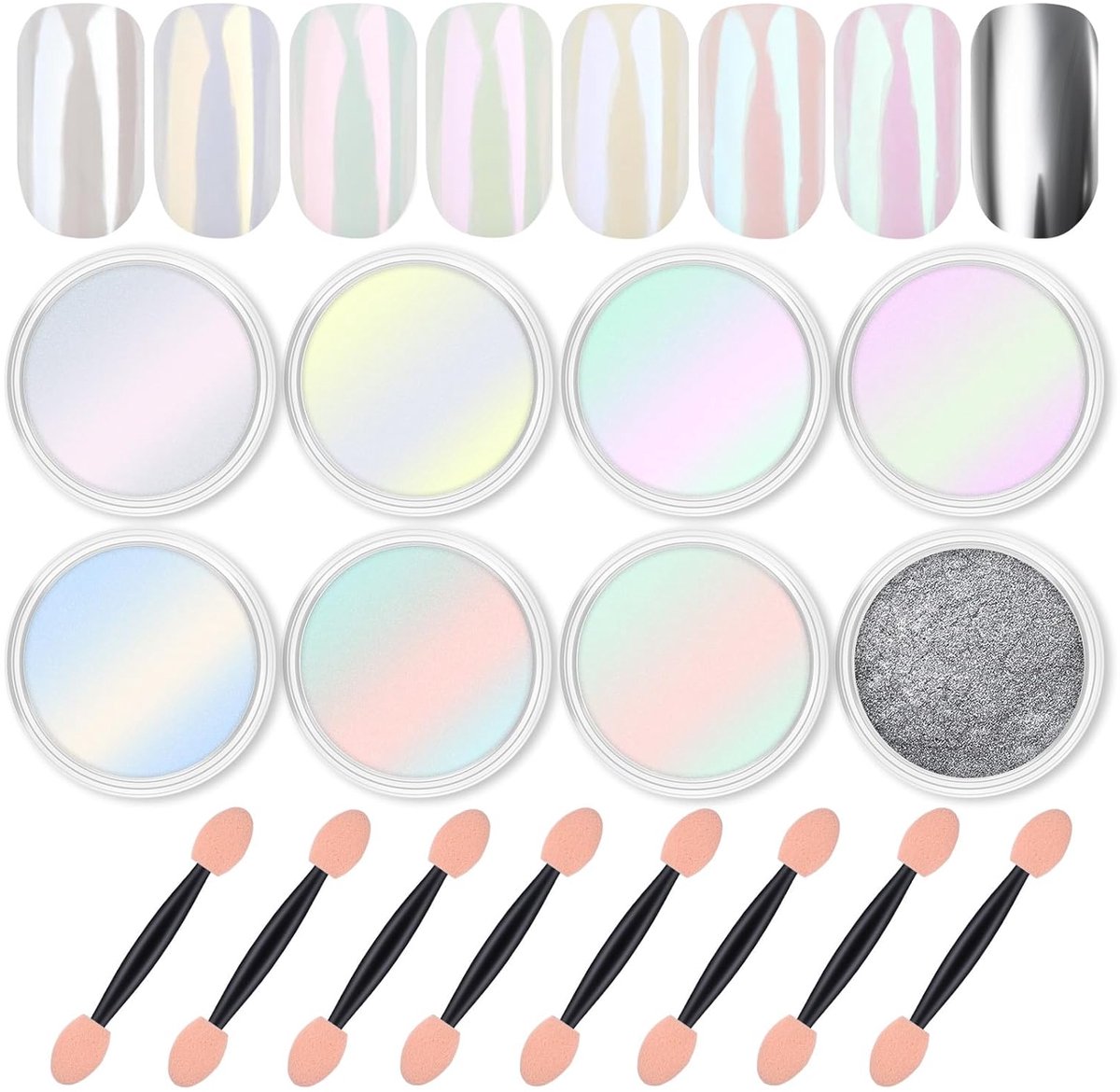 OLOEY Verpakking van 8 blikjes chroompoeder-nagellakset-spiegelglans-zilverkleurig metallic holografisch infusiepoeder-nagellakdecoratie-iriserend aurora zeemeerminpigment