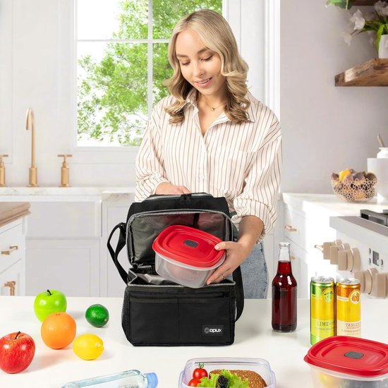 Lunchtas voor Dames & Heren - Geïsoleerde Grote Lunchbag voor Werk - Dubbellaags Lunchbox Maaltijdbereiding - Lekvrij Dual Vak Koeltas - Zacht Lunch Tote voor Jongens, Meisjes, School - Zwart - 16 Blikjes - 1 Stuk — afbeelding 4