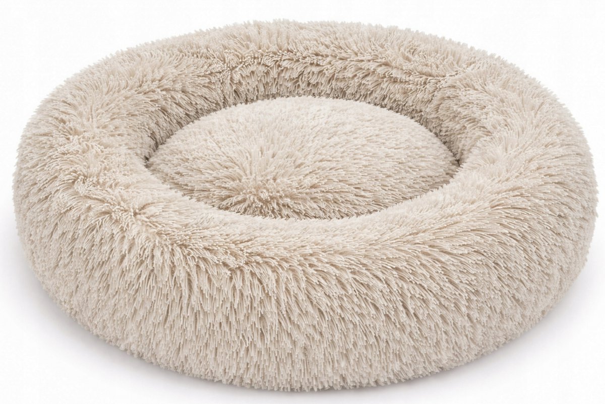 Pluche Hondenmand en Kattenmand 55 cm – Donut Mand Zacht Anti-Stress Rond Wasbaar Kussen voor Kleine Honden en Katten, beige
