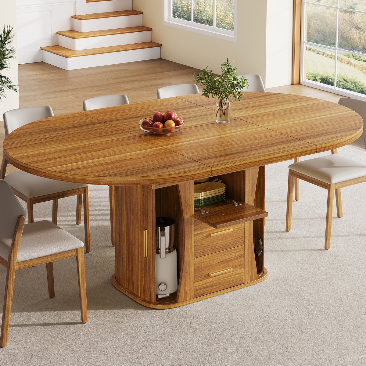 BLACKCOLORS Uitschuifbare eettafel, eettafel, keukentafel, ronde eettafel, uitschuifbaar tot ovaal, 118-158 cm, plaats voor maximaal 6 personen, drielaags, walnoot
