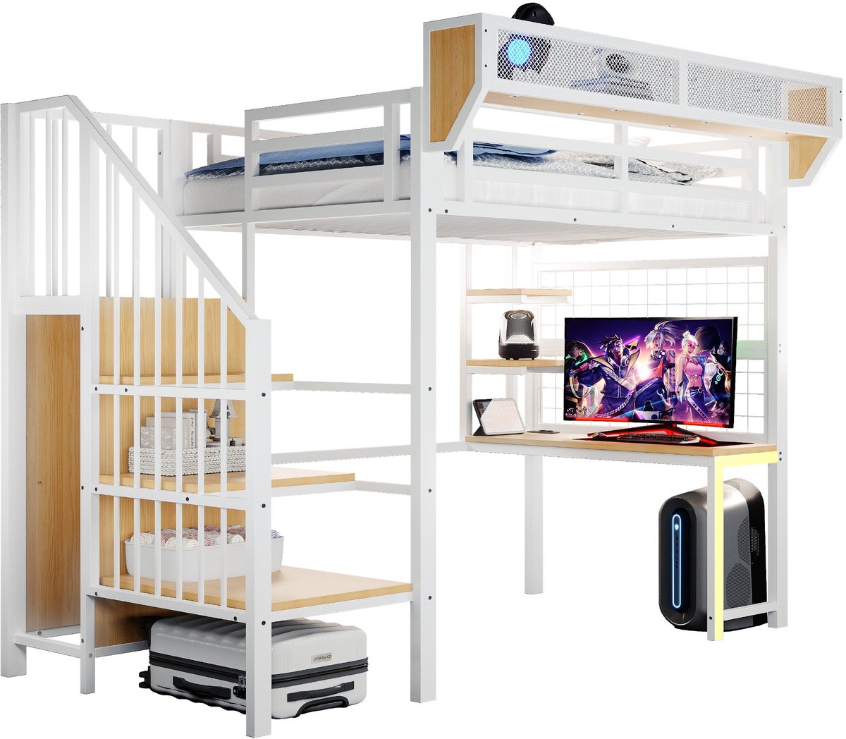 Merax Hoogslaper 90x200 Cm - Met Bureau - Opbergplanken - Opbergnet - Veiligheidstrap - LED Verlichting - Stopcontact - Wit