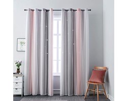 Gordijnen met Sterren - Vitrage Raambekleding - Kinderkamer Decoratie - Dubbele Laag - 52 x 63 cm - Roze/Grijs