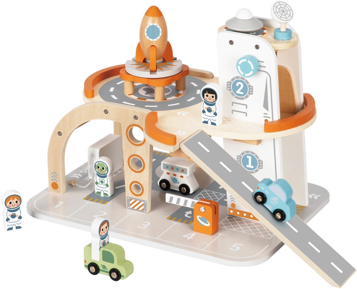 Tooky Toy Eerste Speelgoed Garage - FSC Hout - 14-Delig: Raket, Astronauten, Voertuigen, Ruimtestation - Geschikt voor 3+ Jaar (Peuters) - Educatief & Montessori Speelgoed