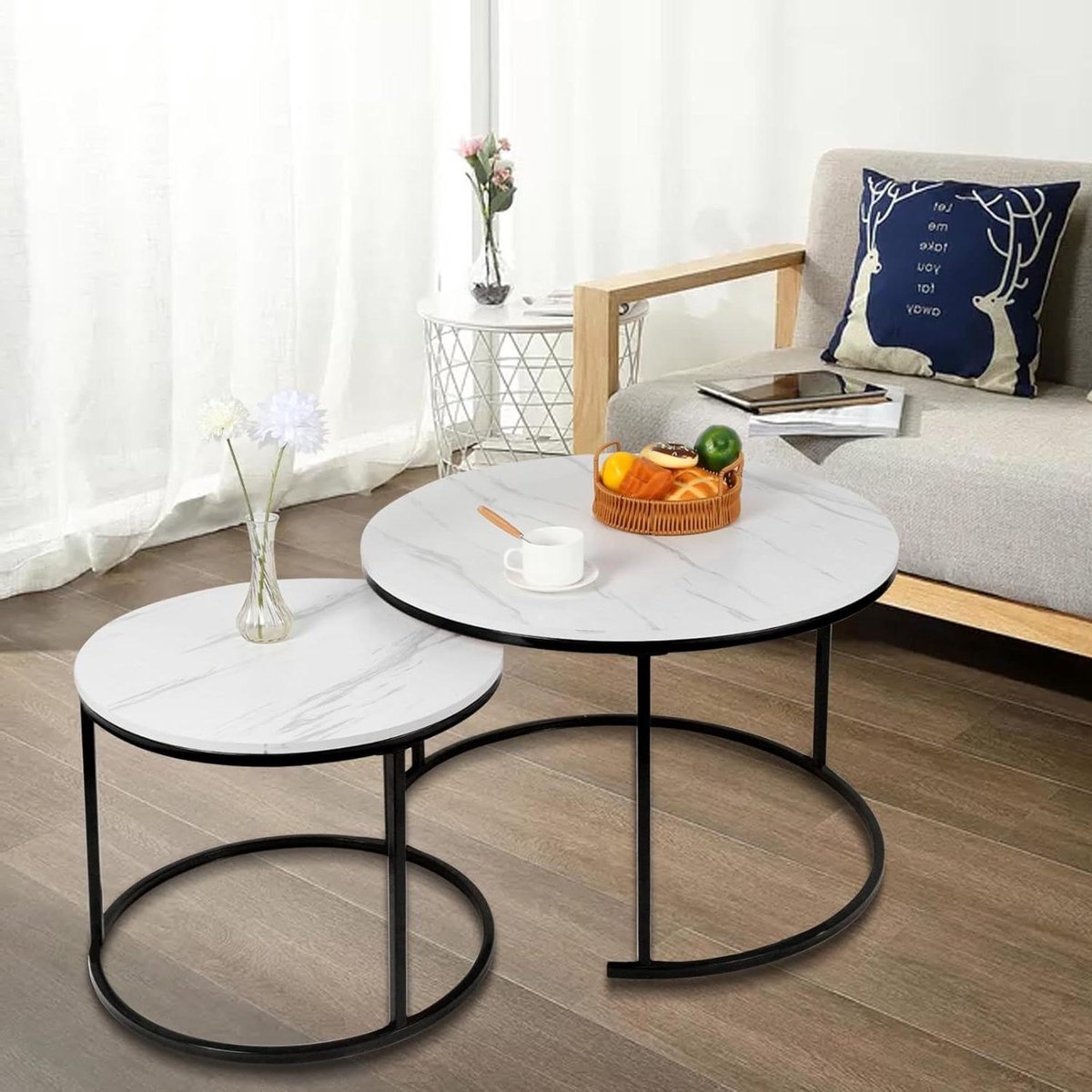 Uitschuiftafels Set - Bijzettafels Rond - Woonkamer Decoratie - Gouden Metalen Frame - 60 & 40 cm - Marmer Wit
