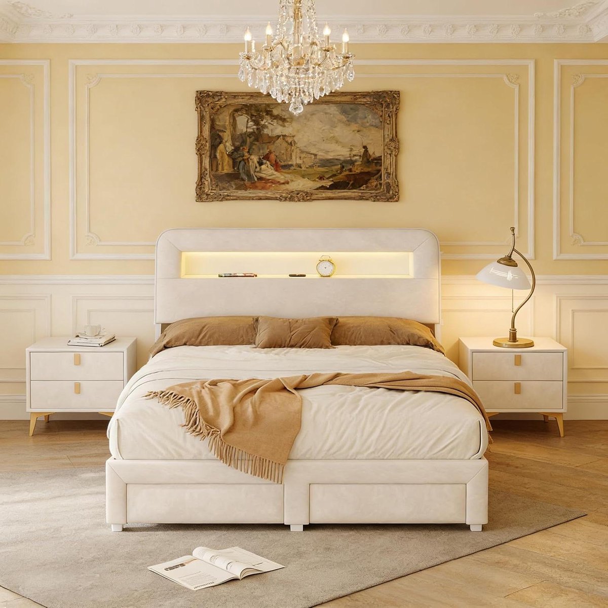 Gestoffeerd Tweepersoonsbed - Led Bed Frame - Ontspannen Slapen - Met Opbergvakken - 140x200 cm - Beige