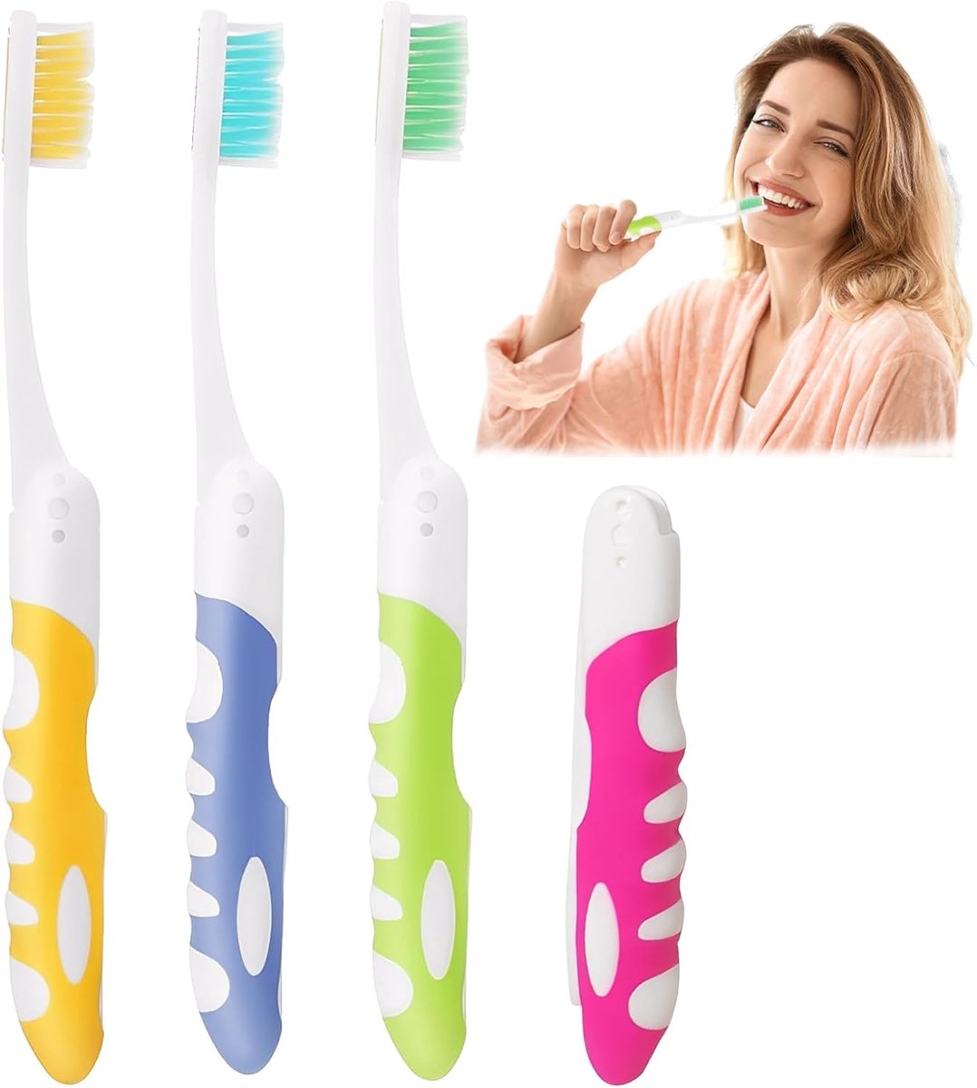 4 Pack Reis Tandenborstel - Opvouwbare Mini Tandenborstel voor Draagbaarheid - Zachte Borstels voor Reizen - Kamperen - Groen - Roze - Blauw - Geel