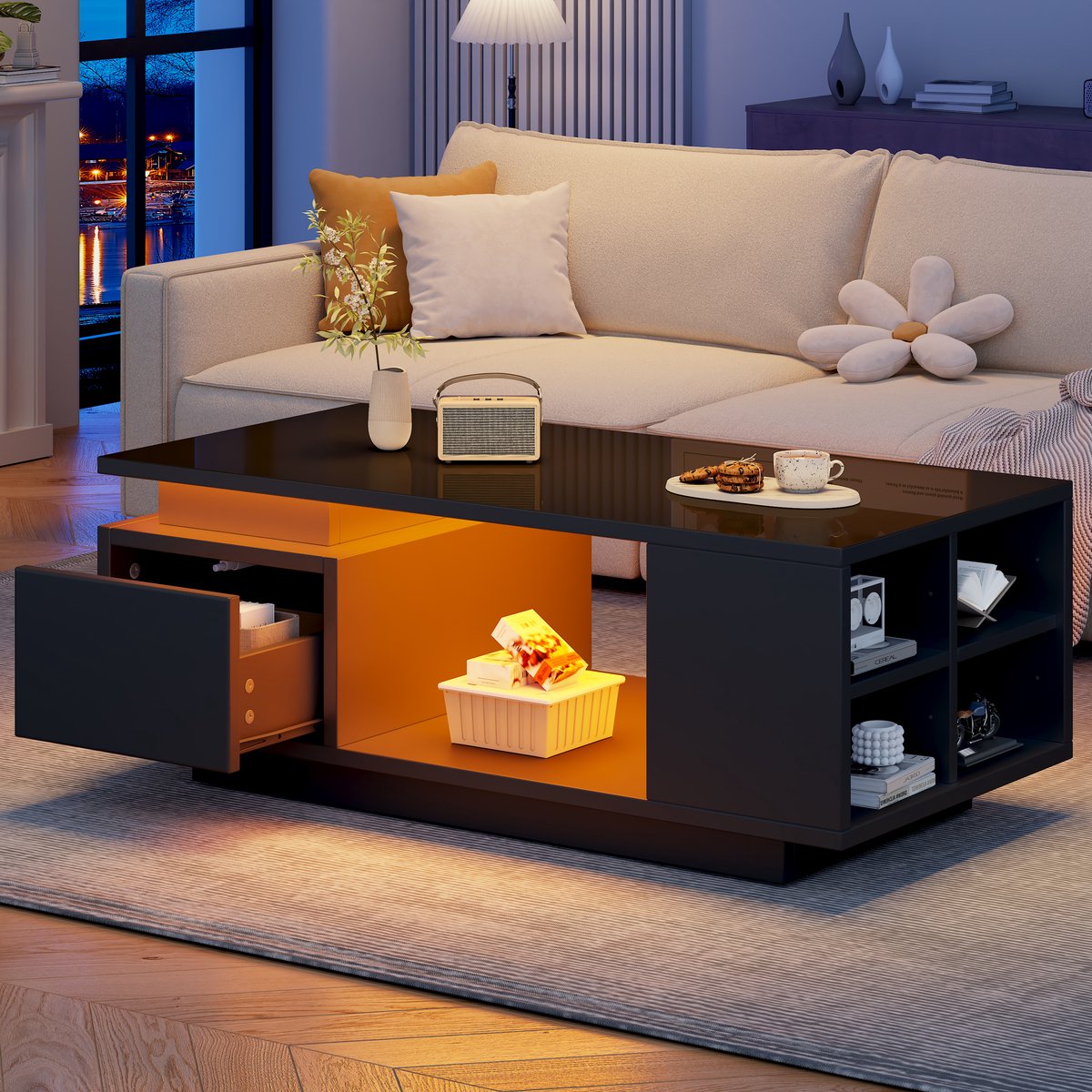 MIVRAY Salontafel - Hoogglans Met Led En Lade - Met Zijvakken Voor Woonkamer - Spaanplaat - Zwart - 100x50x36 Cm