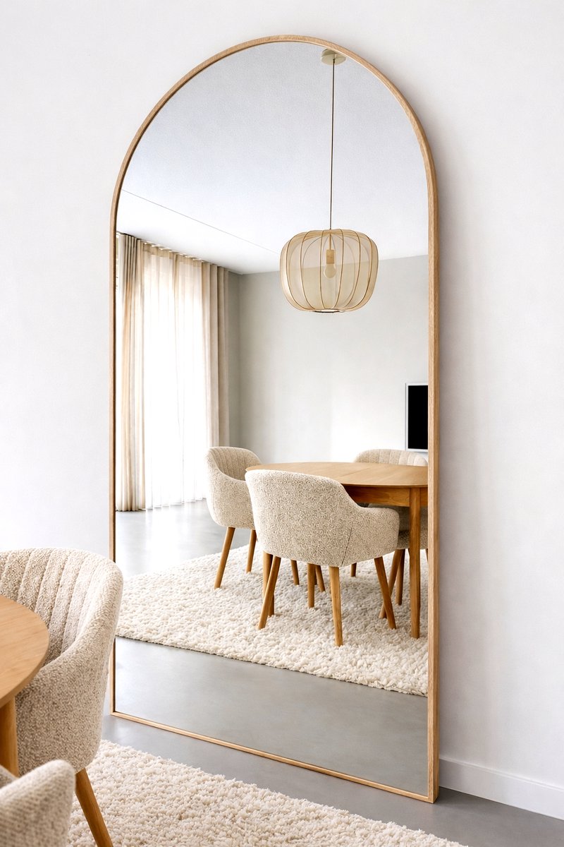 Nordic Style® Boogspiegel 215x110cm - Naturel Eiken hout - Scandinavische Spiegels - Halfrond - Pas spiegel - Staande spiegel - Kleedkamer spiegel - Pas - Boog - Half Rond Ronde - Woonkamer - Wand - Muurspiegel - Muur
