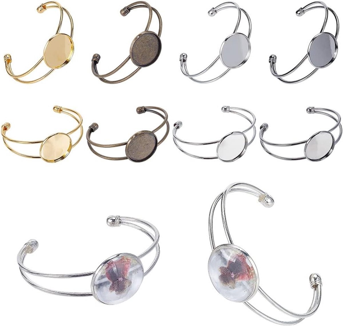 Verstelbare lege messing armbanden met platte ronde bladeren, 10 stuks, 60x6-13mm, 5 kleuren, perfect voor sieraden maken