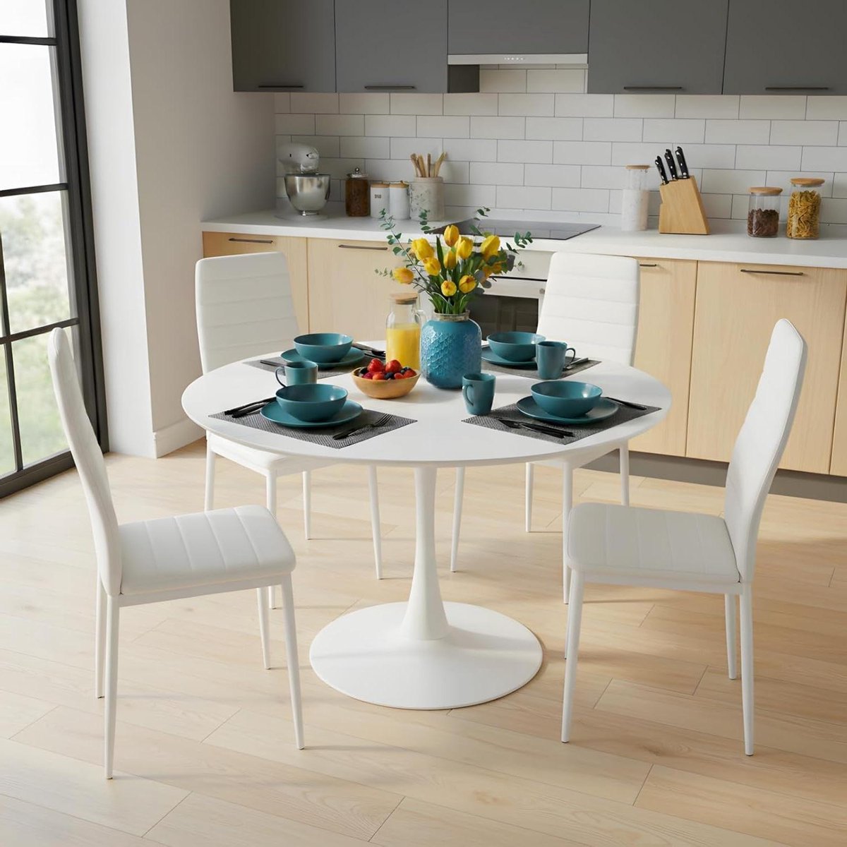 Eettafel Set Rond - Tafel met Stoelen - Samen Eten - Ergonomische Stoelen - 110 cm - Wit