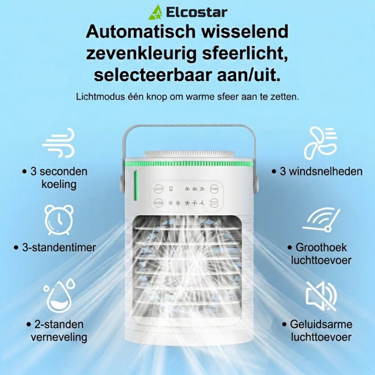 Elcostar® Premium Portable Airco - Mini Airco - 2026 Model - Mobiele Airco - Luchtkoeler 4-in-1 - 4 windsnelheden, 2 luchtbevochtingsstanden & Timer - Aircooler - Draagbare Airco - Lekvrij - Airco - Wit thumbnail 3