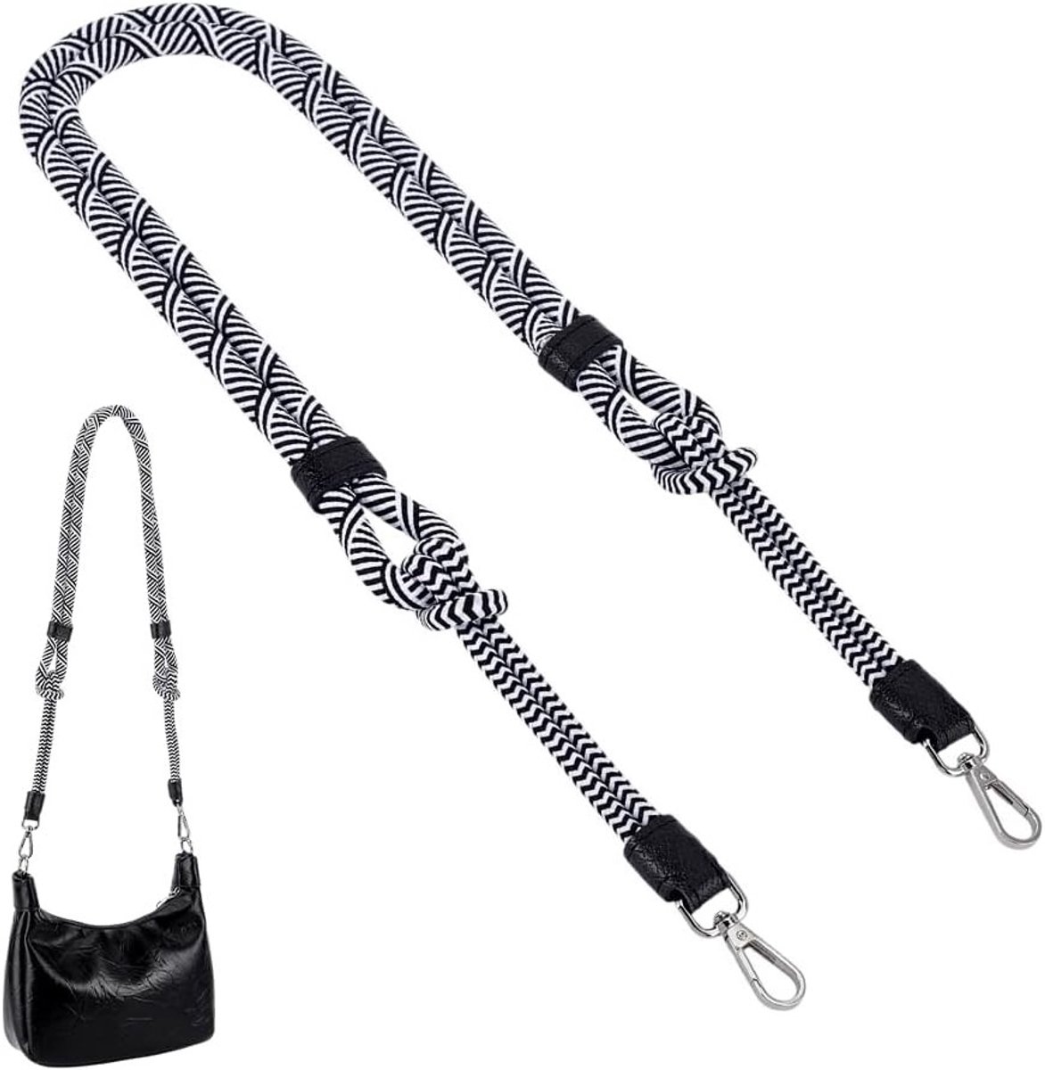 39 Inch Touw Portemonnee Strap, 29mm Ronde Touw Tas Strap Zwart-Wit Gestreepte Tas Handvat Vervanging voor Lange Handtassen met Platinabuckles voor DIY Schoudertassen en Accessoires