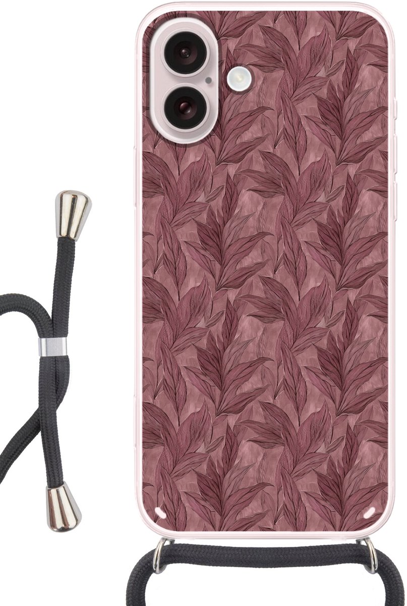 Telefoonhoesje Geschikt voor iPhone 16 - Bladeren - Patroon - Paars - Siliconen - Crossbody - Backcover met Koord - Telefoonhoesje met koord - Hoesje met touw Telefoonhoesje