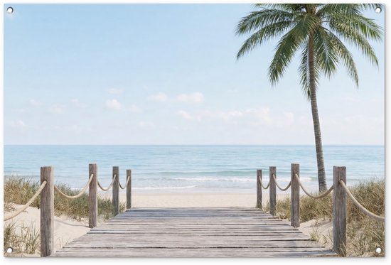 Tuinposter 120x80 cm - Tuindecoratie Palmbomen - Pad - Horizon - Poster voor in de tuin - Buiten decoratie - Schutting tuinschilderij - Tuindoek muurdecoratie - Wanddecoratie balkondoek