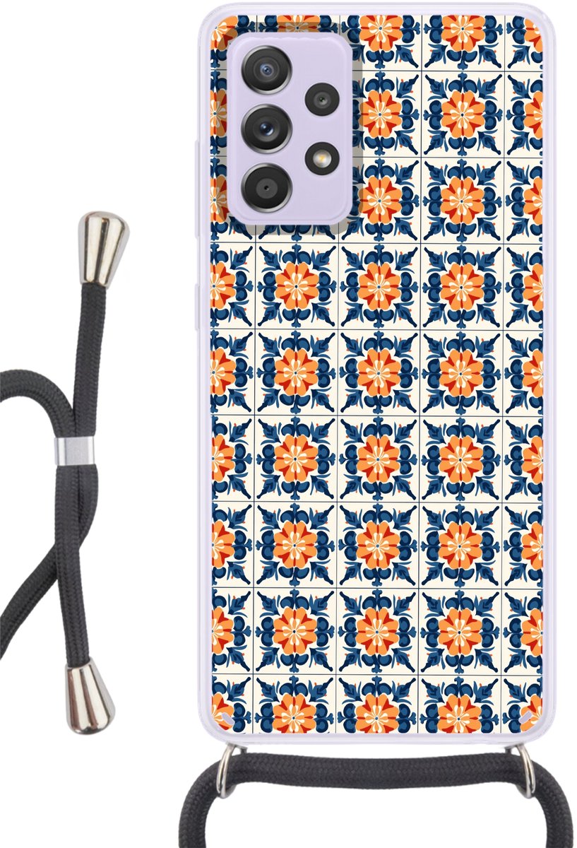 Telefoonhoesje Geschikt voor Samsung Galaxy A53 5G - Traditioneel - Tegel - Oranje - Siliconen - Crossbody - Backcover met Koord - Telefoonhoesje met koord - Hoesje met touw Telefoonhoesje