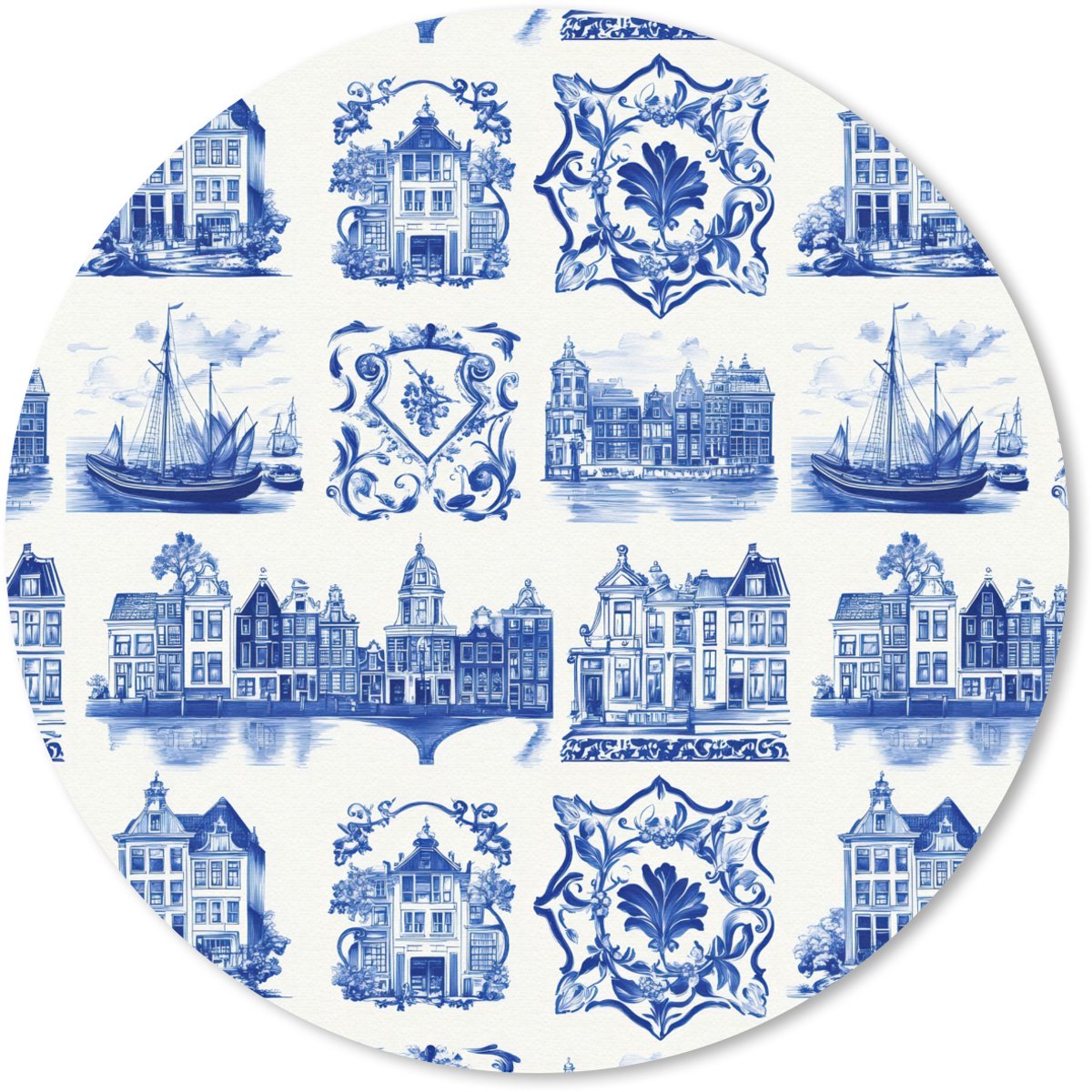 Muismat rond 50x50 cm - Mousepad Huizen - Schepen - Blauw - Ronde muismatten